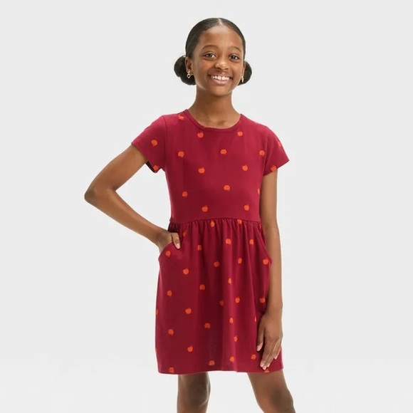 Cat & Jack Girls' Short Sleeve Apple Dress - Red S - Picture 2 of 3